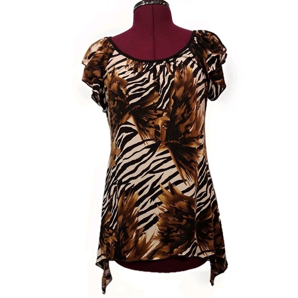 Agenda Animal‎ Print Hankerchief Hem Double Flutter Sleeve Top Y2k Going Out